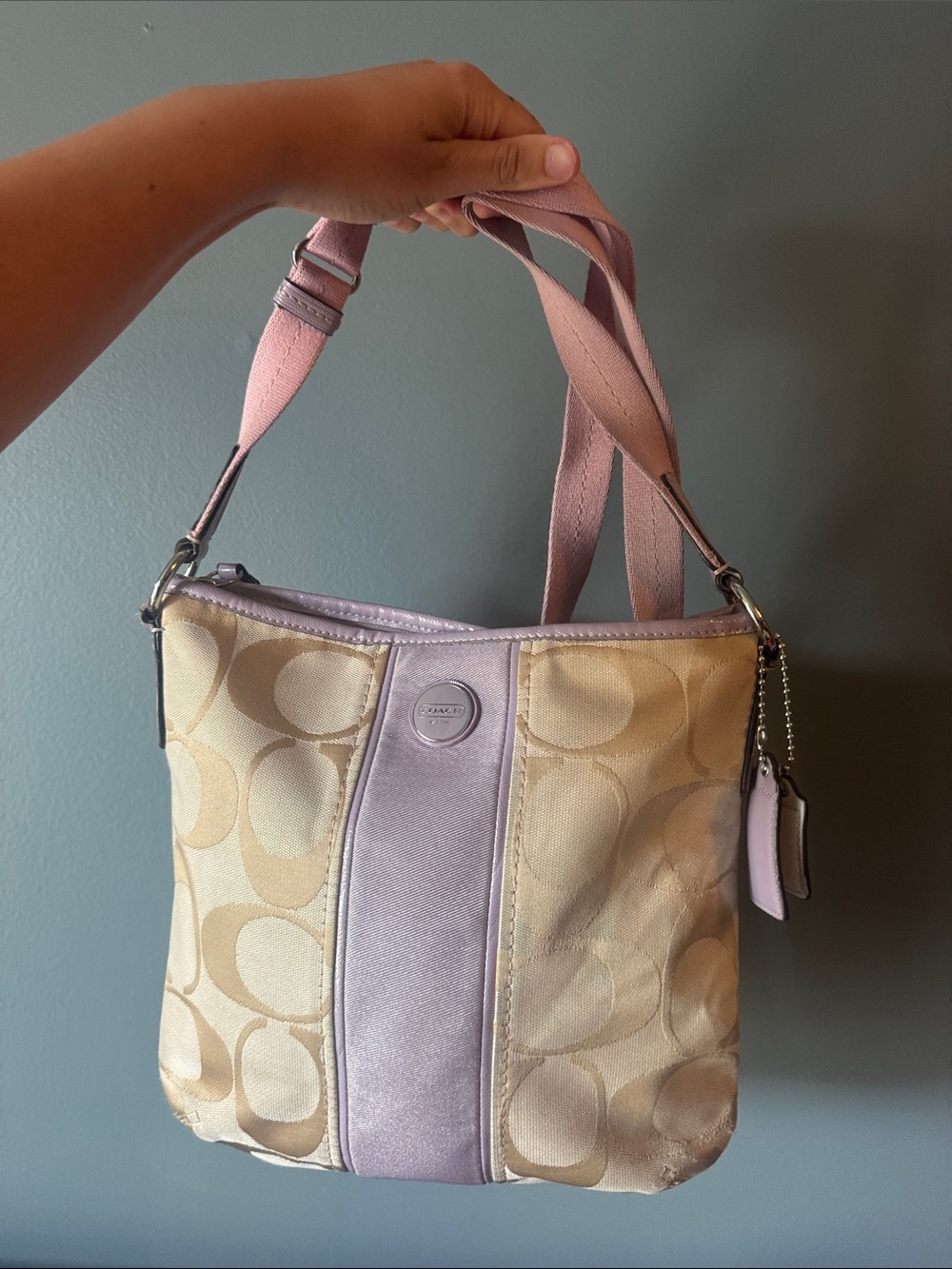 Coach Beige and Light Pink Signature Shoulder Bag